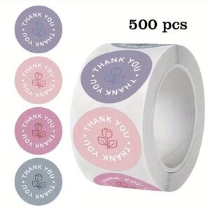 Thank You Sticker Roll 500  - Pink, Blue, Purple, Rose